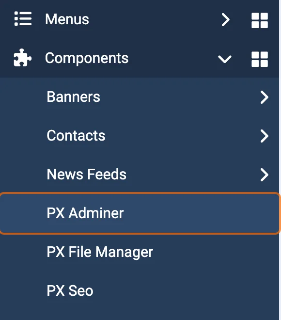 PX Adminer in the Components menu