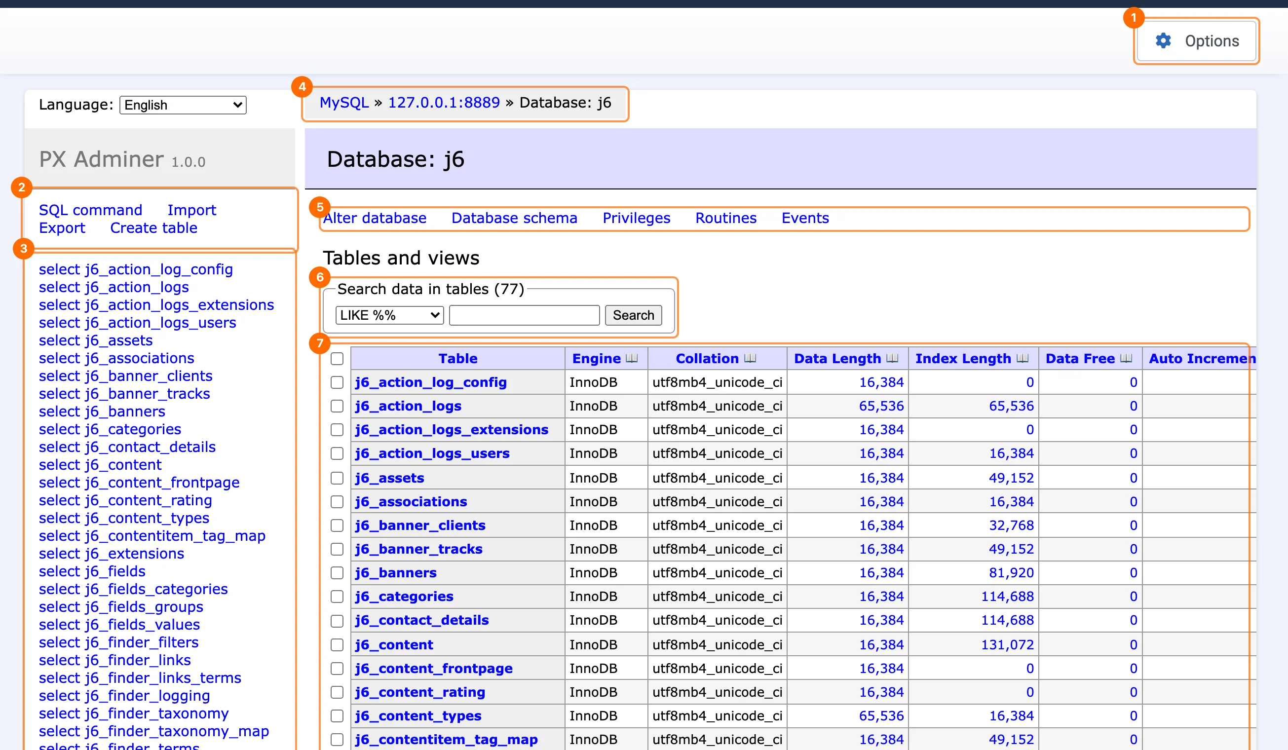 PX Adminer interface overview