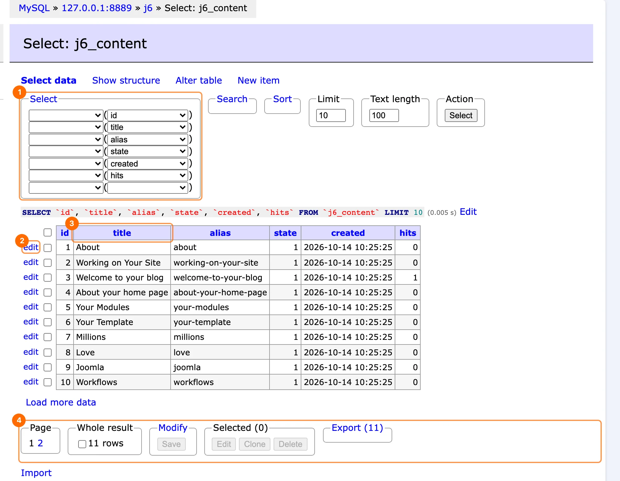 Browse the rows of a table in PX Adminer