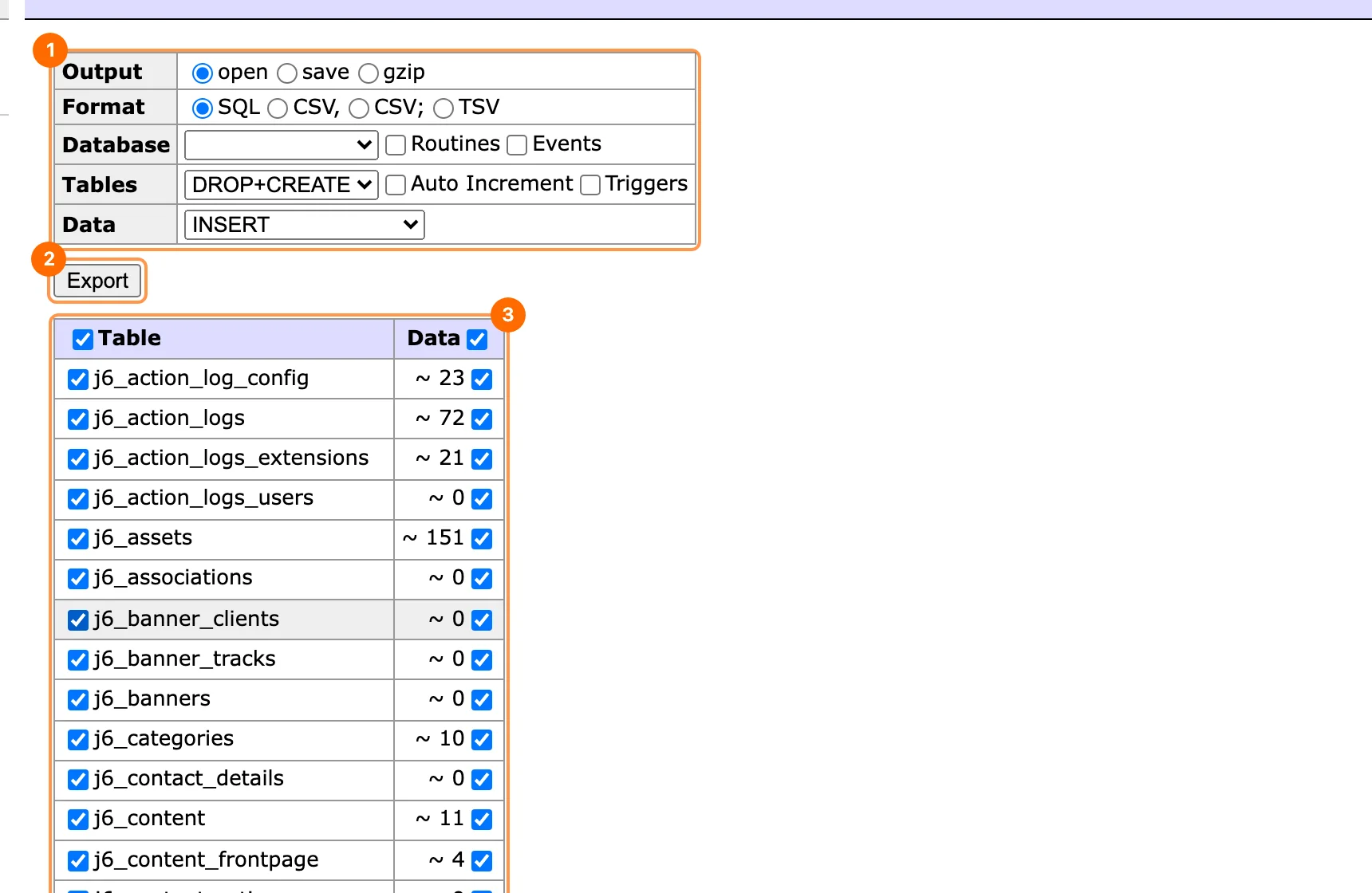 Export the database in PX Adminer