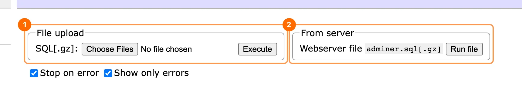 Import an SQL file in PX Adminer