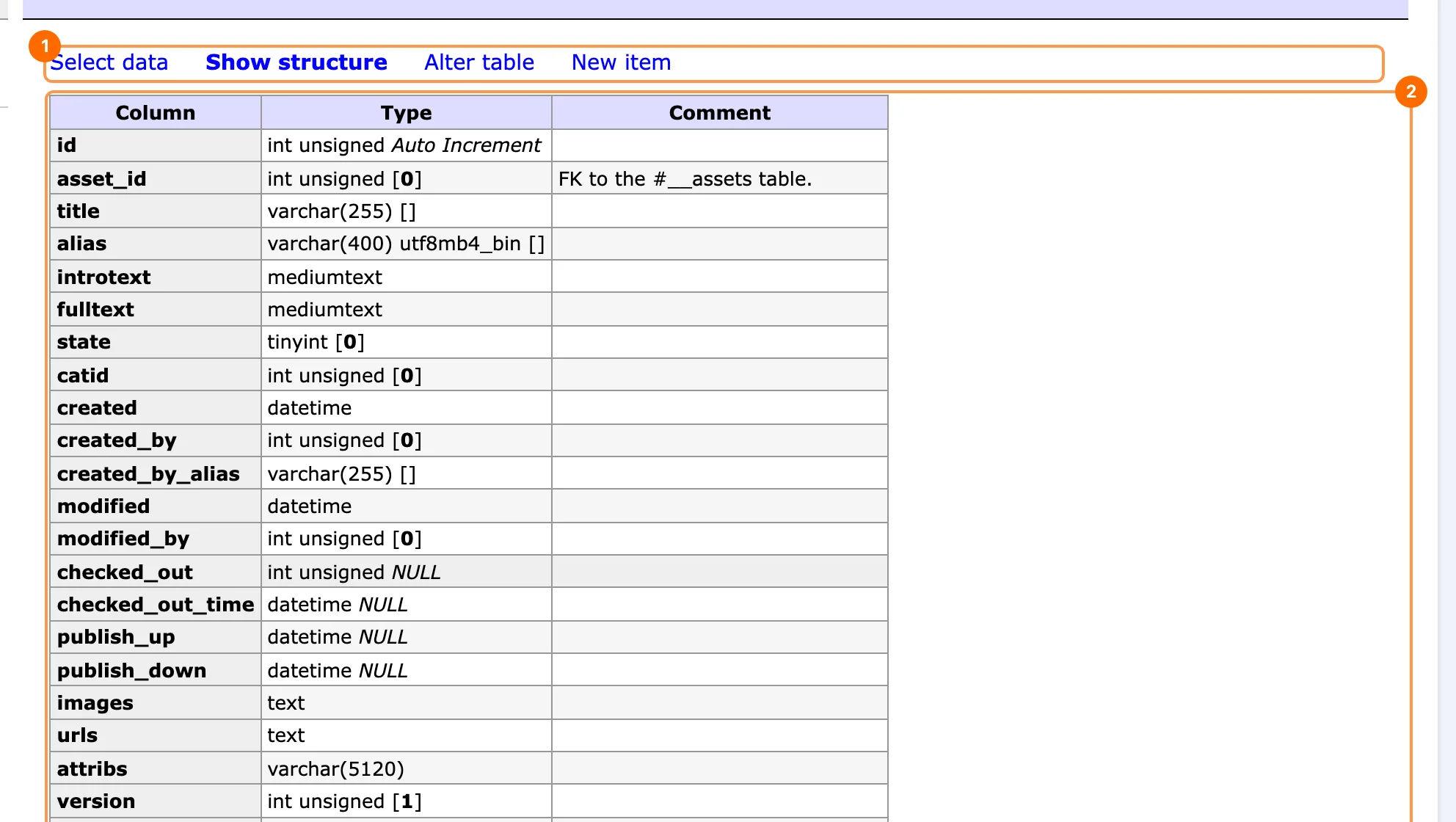Table structure in PX Adminer