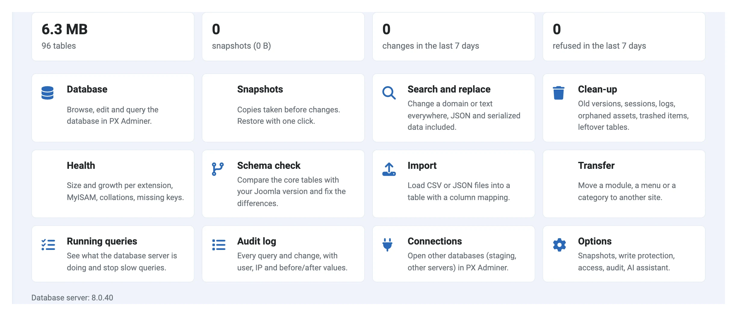 PX Adminer Pro tools overview in the Joomla administrator