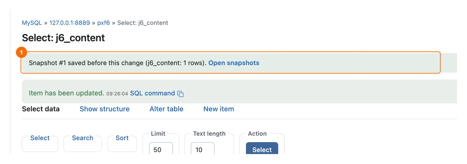 Snapshot notice after editing an article in PX Adminer