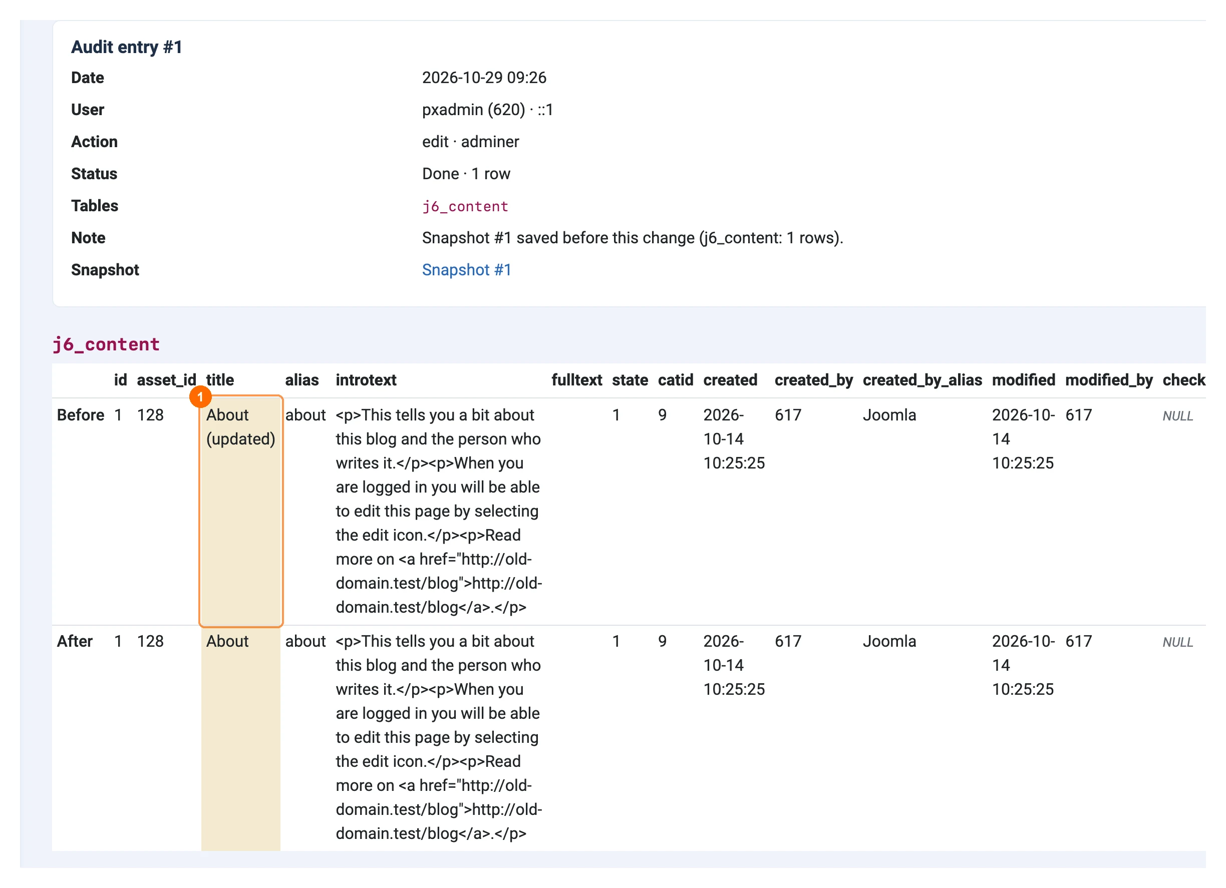 Audit log entry with before and after values