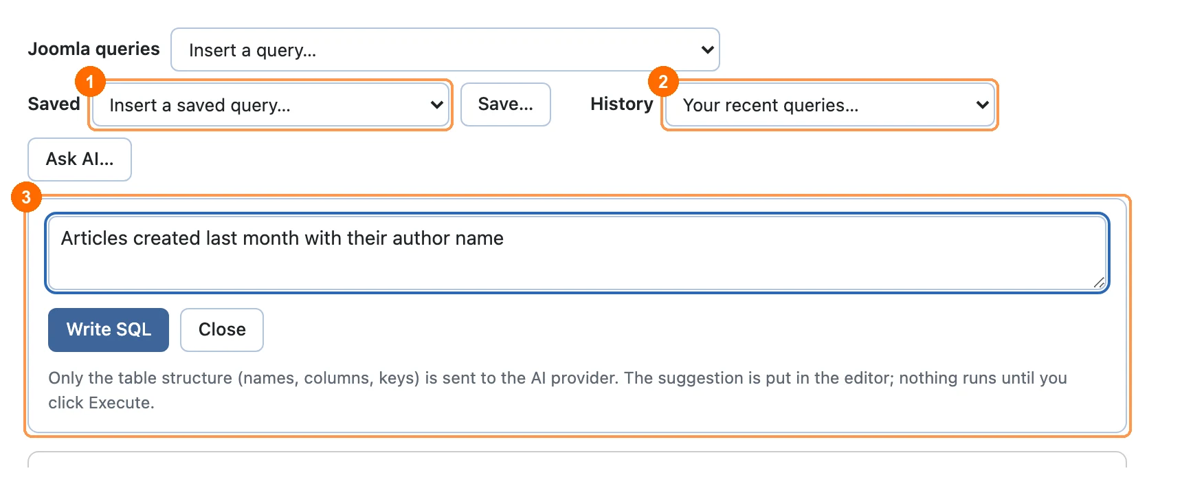 Saved queries, history and the AI assistant on the SQL command page
