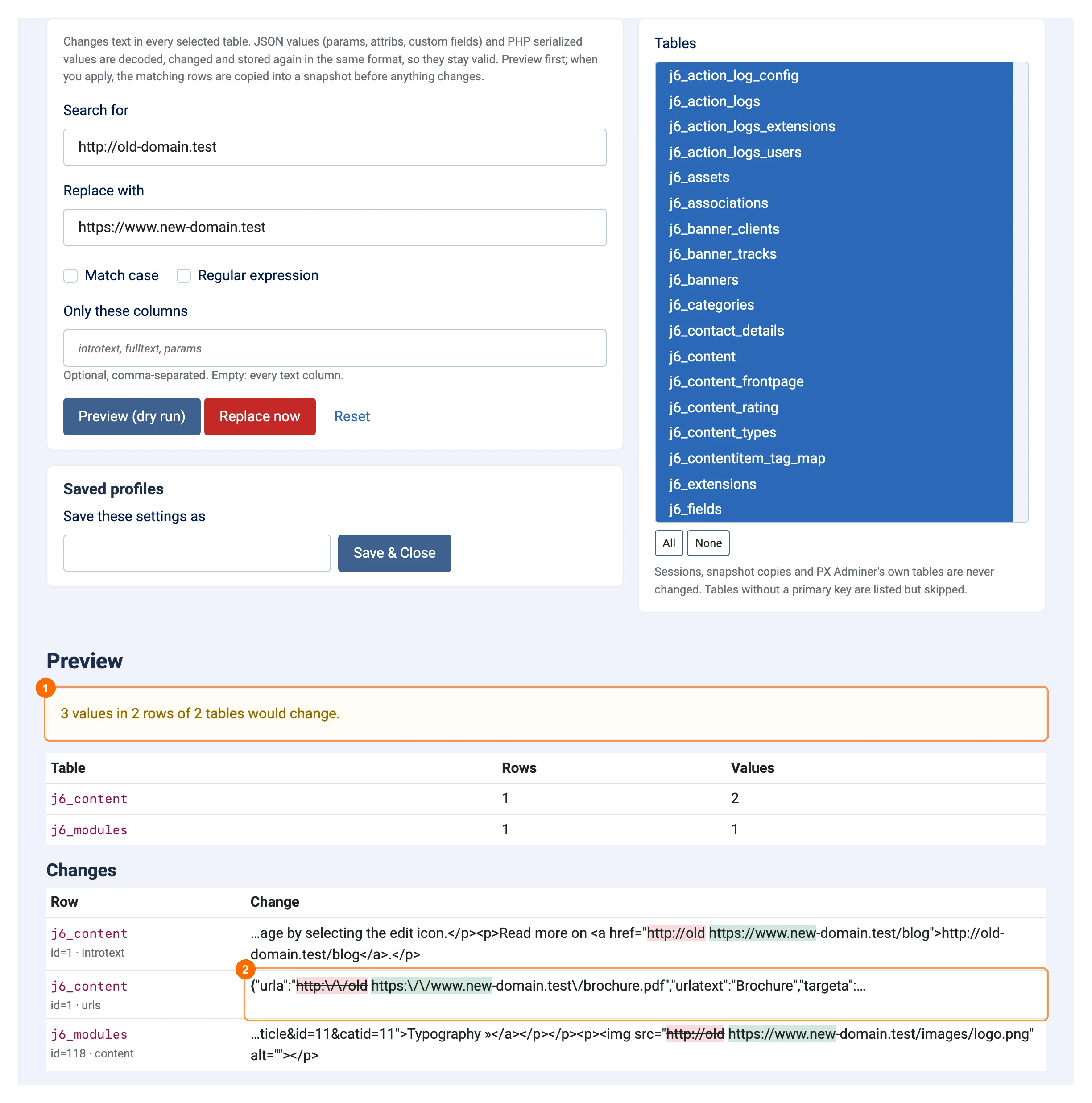 Search and replace preview with changes