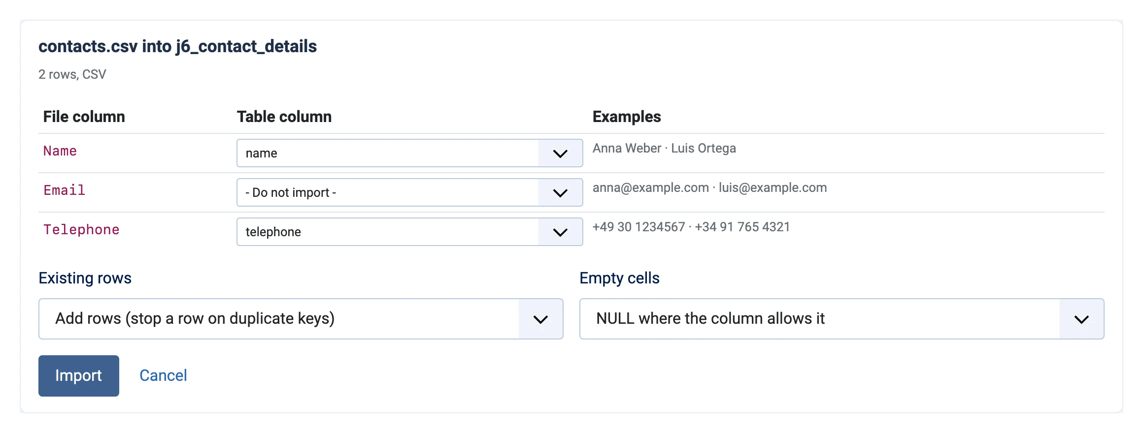 Column mapping of a CSV import