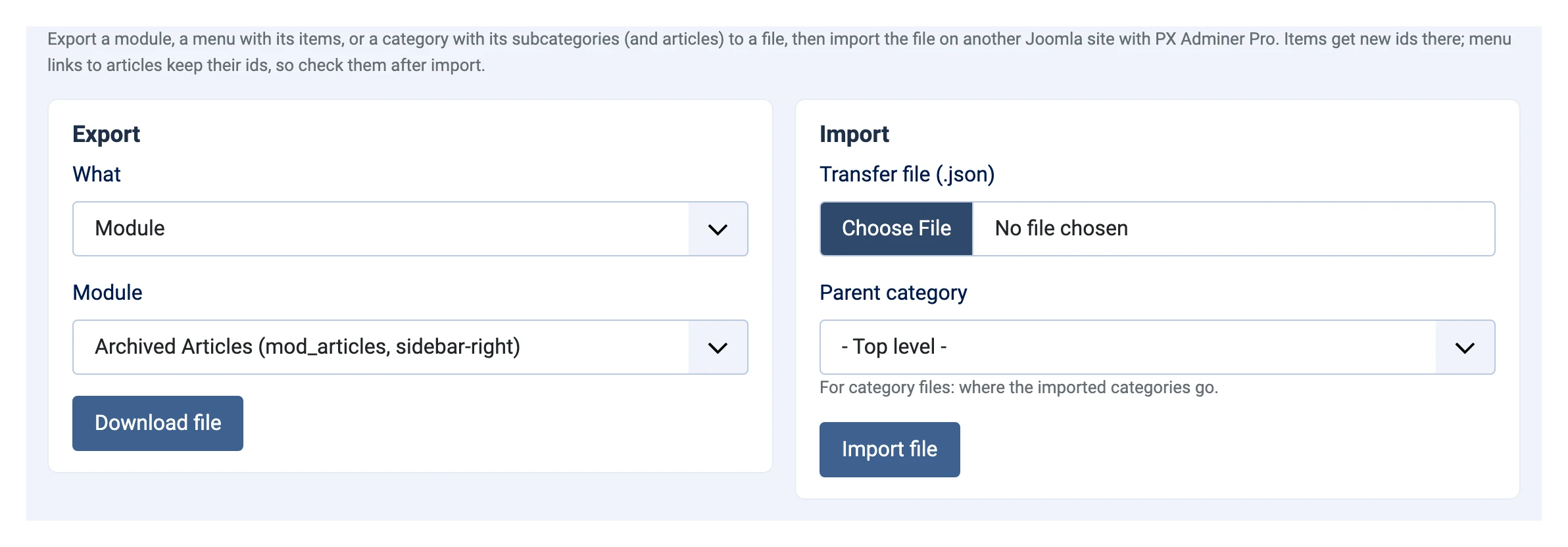 Transfer export and import