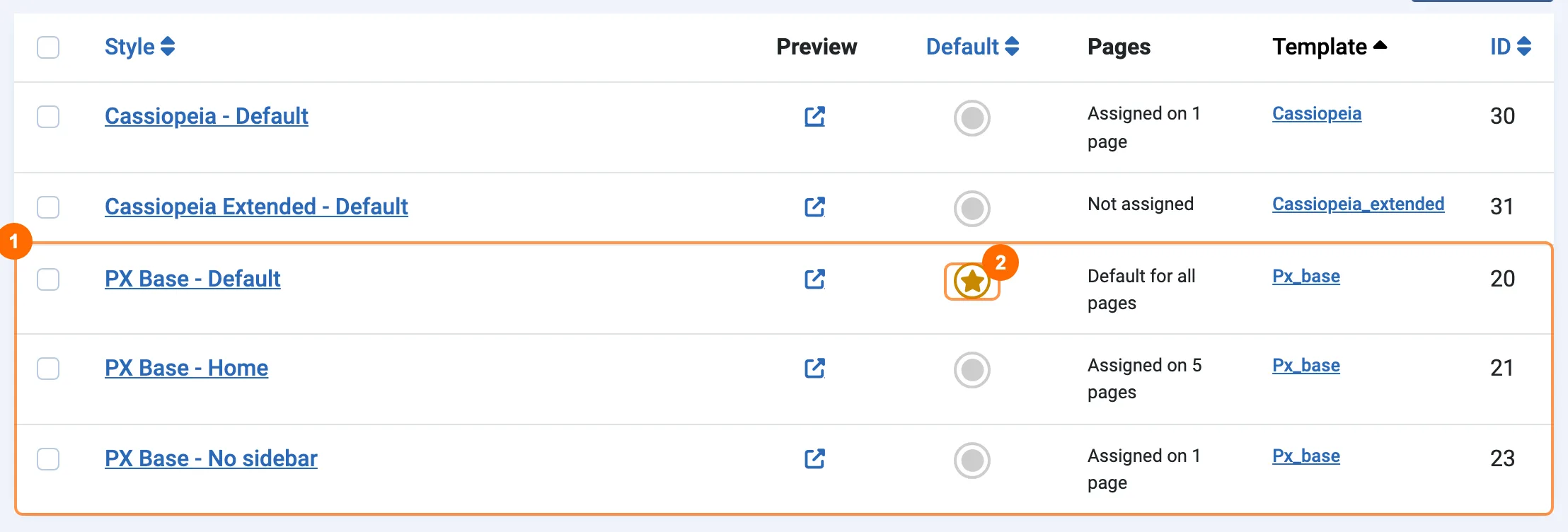 The three PX Base template styles in Joomla Site Template Styles