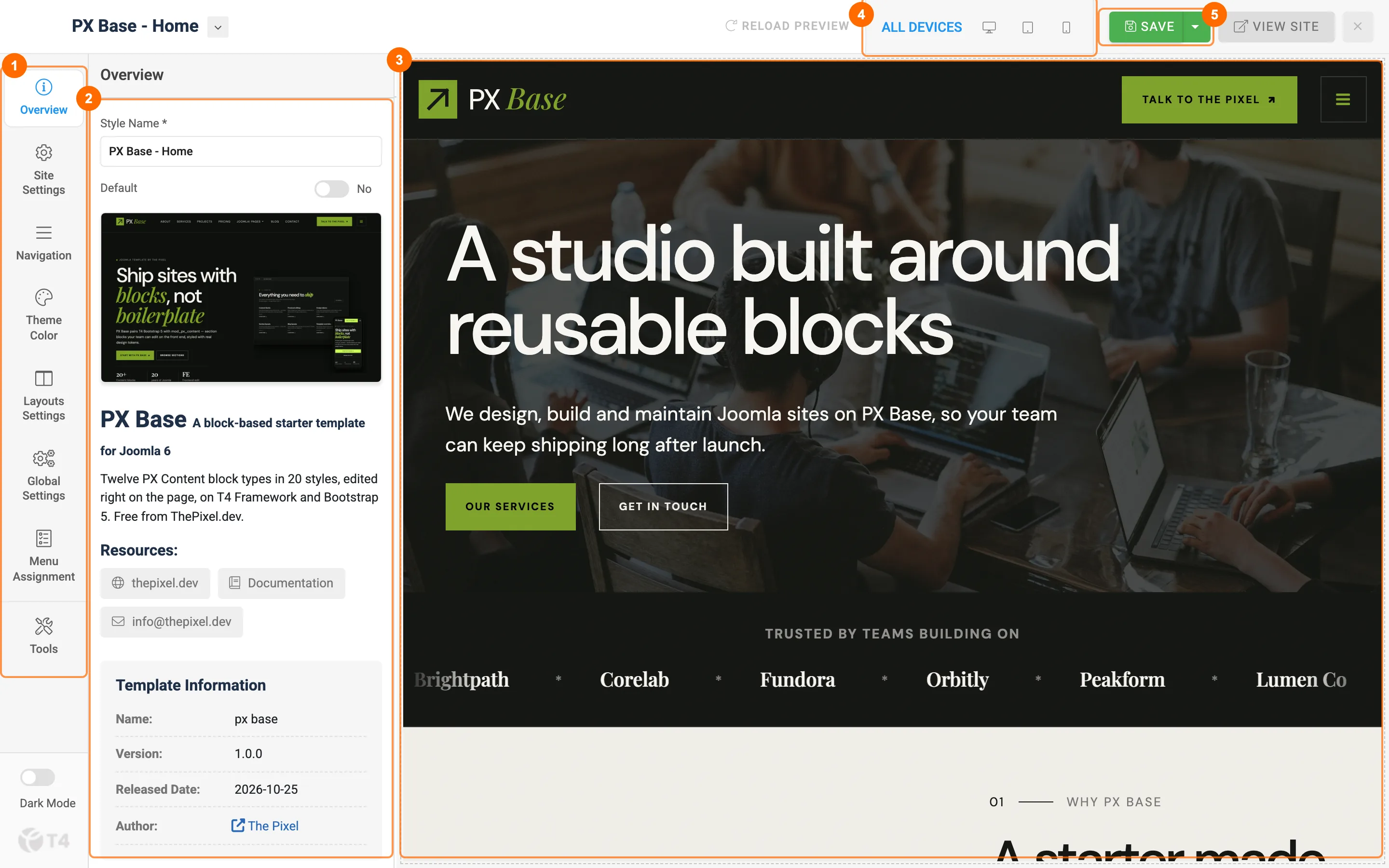 T4 Framework settings screen of PX Base with live preview