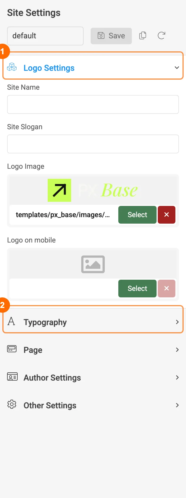 T4 Site Settings of PX Base: logo settings and typography