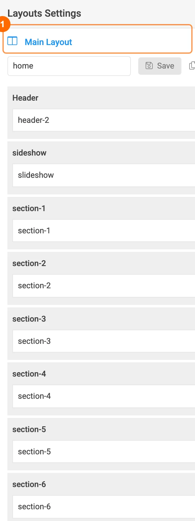 T4 Layouts Settings of PX Base: the home layout and its sections