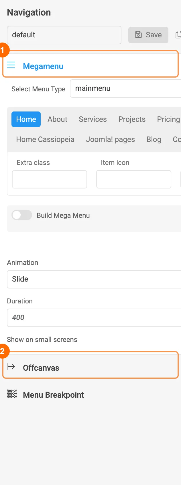 T4 Navigation of PX Base: megamenu and off-canvas menu