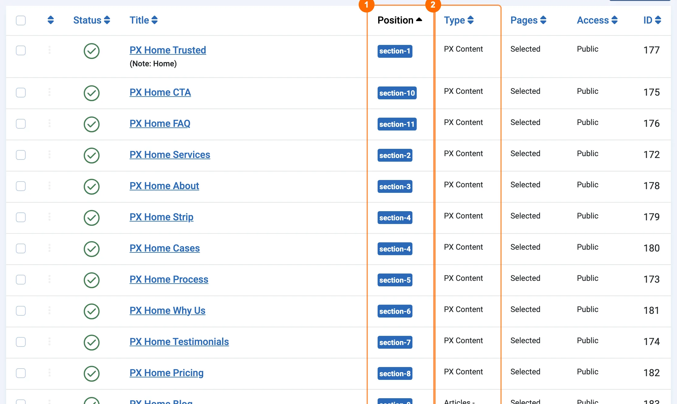 Home page modules of PX Base in Joomla Site Modules, with position and type