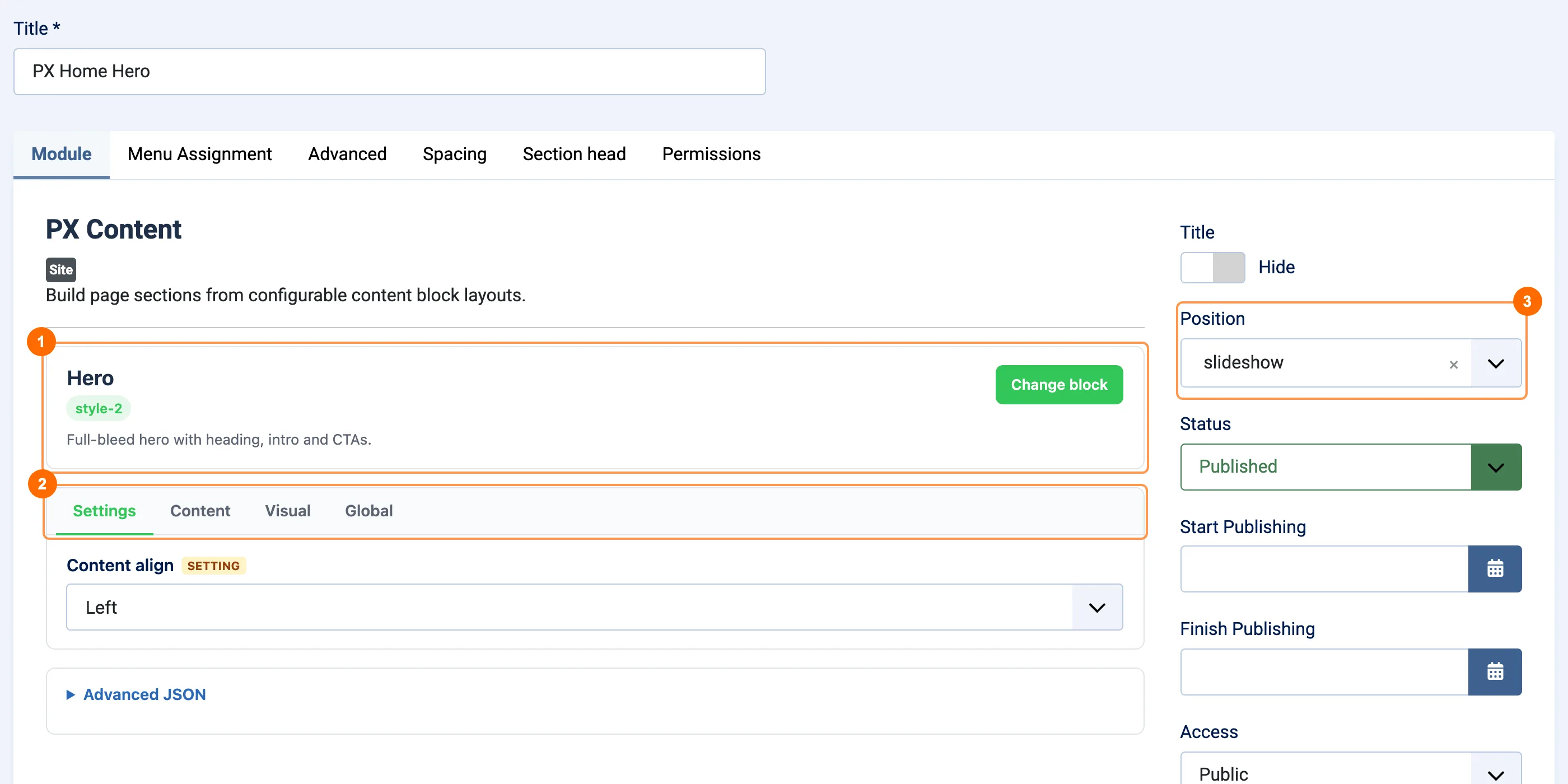 Editing the PX Home Hero module of PX Base in the Joomla administrator