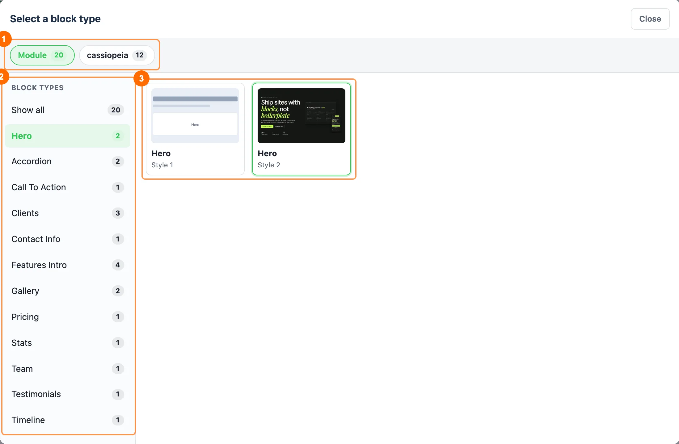 Select a block type dialog of PX Content in PX Base