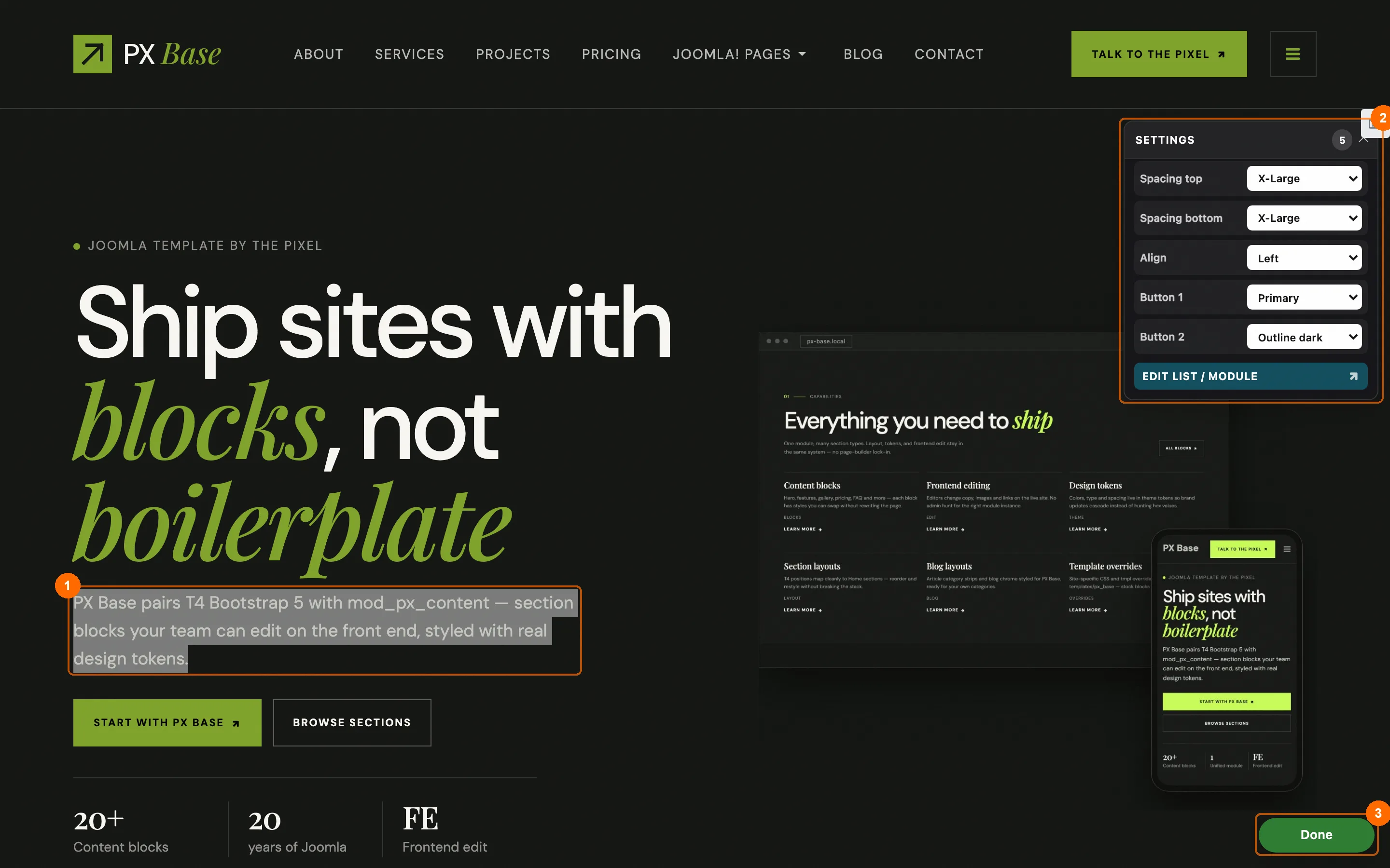 Editing the PX Base home hero on the page, with the block settings open