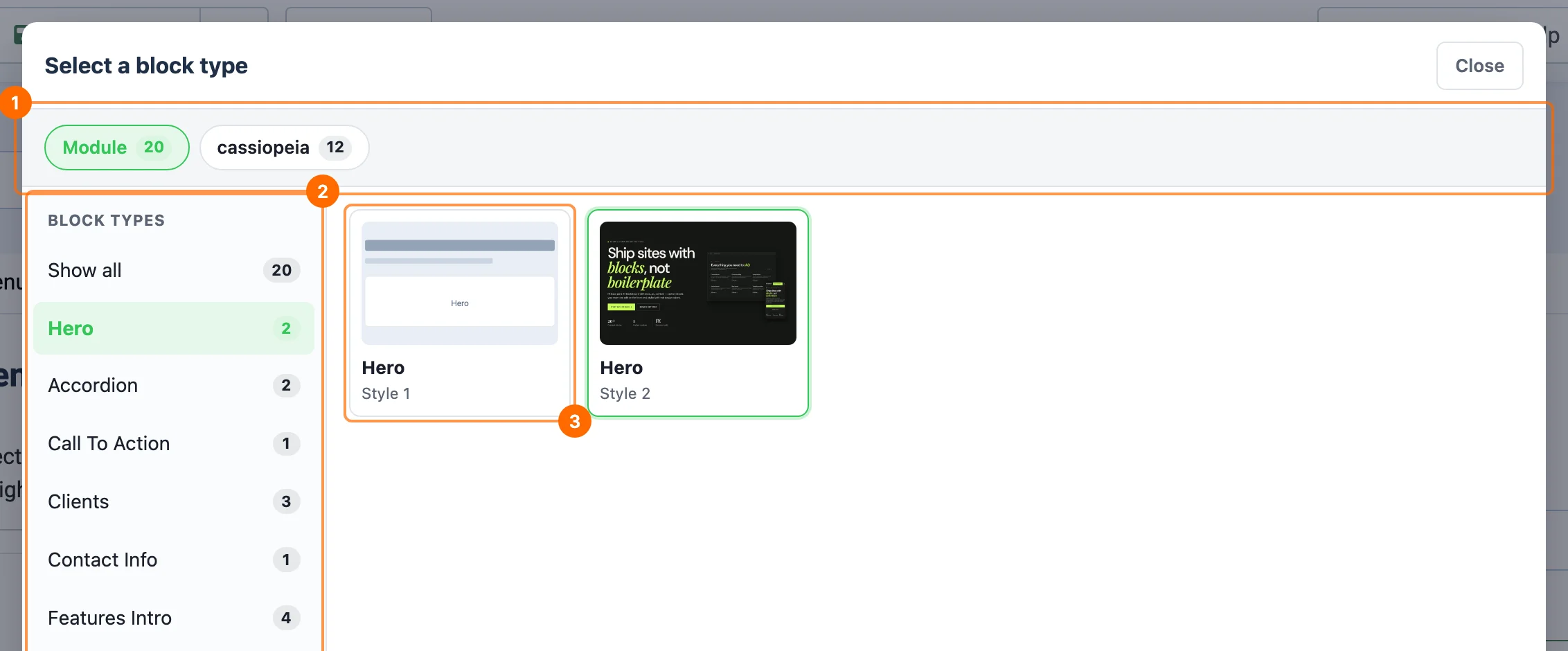 Select a block type dialog of PX Content