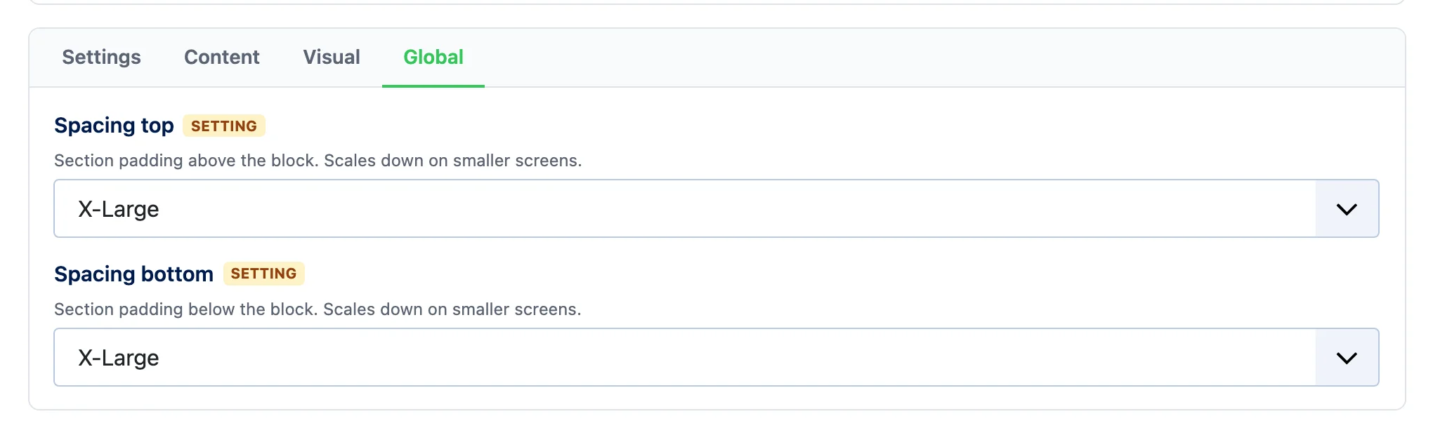 Global tab with spacing top and bottom