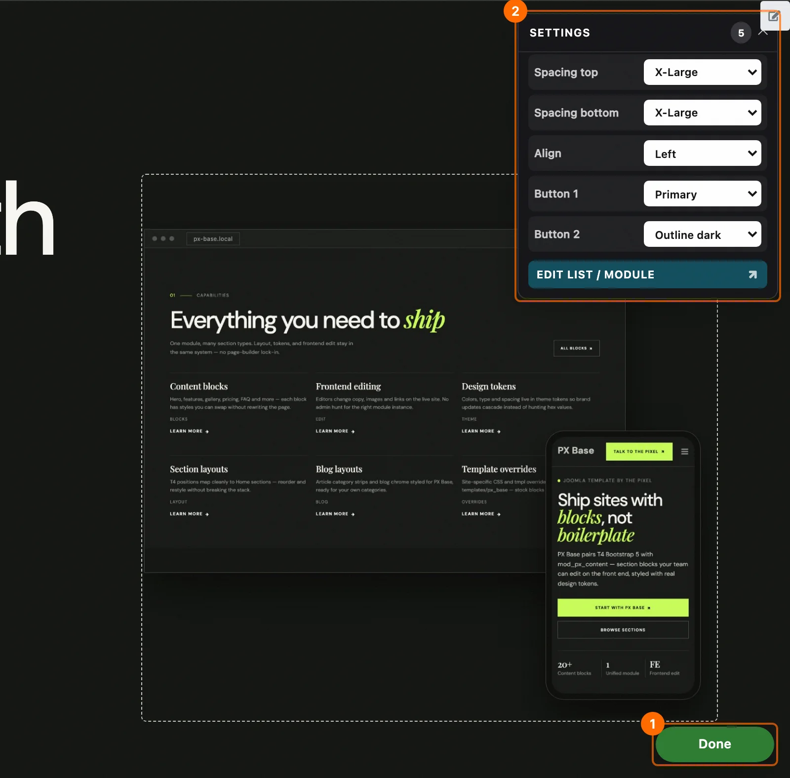 PX Content edit mode on the site