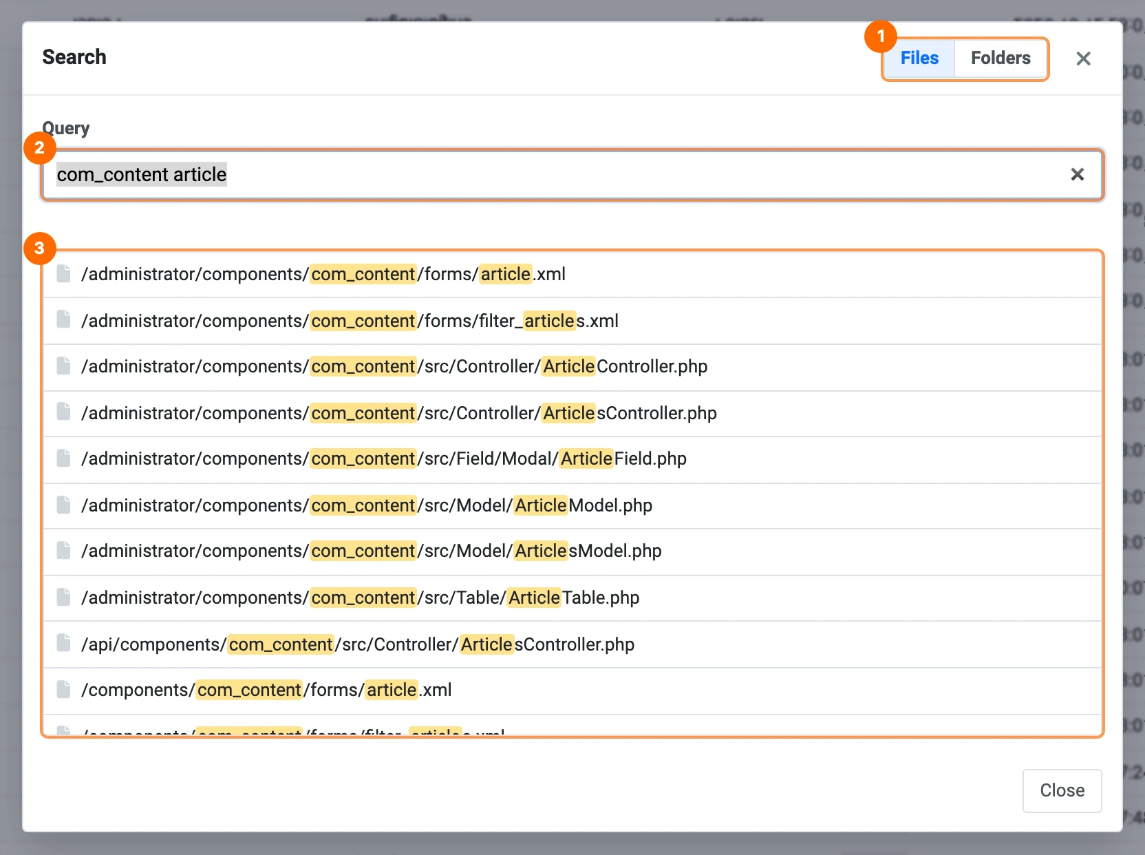 PX File Manager search dialog with results