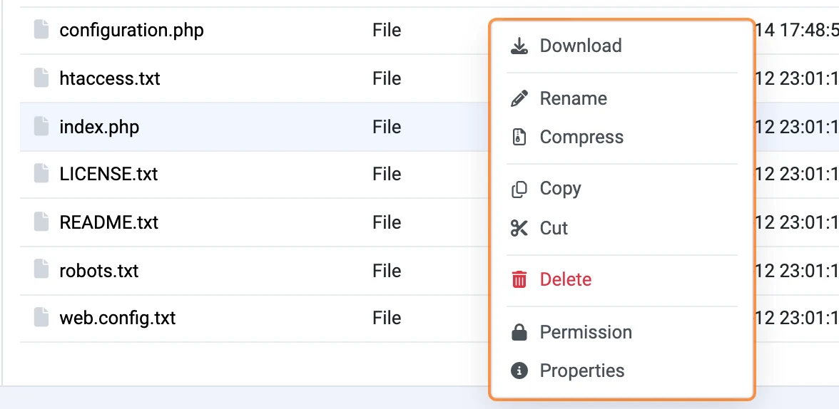 Right-click context menu on a file