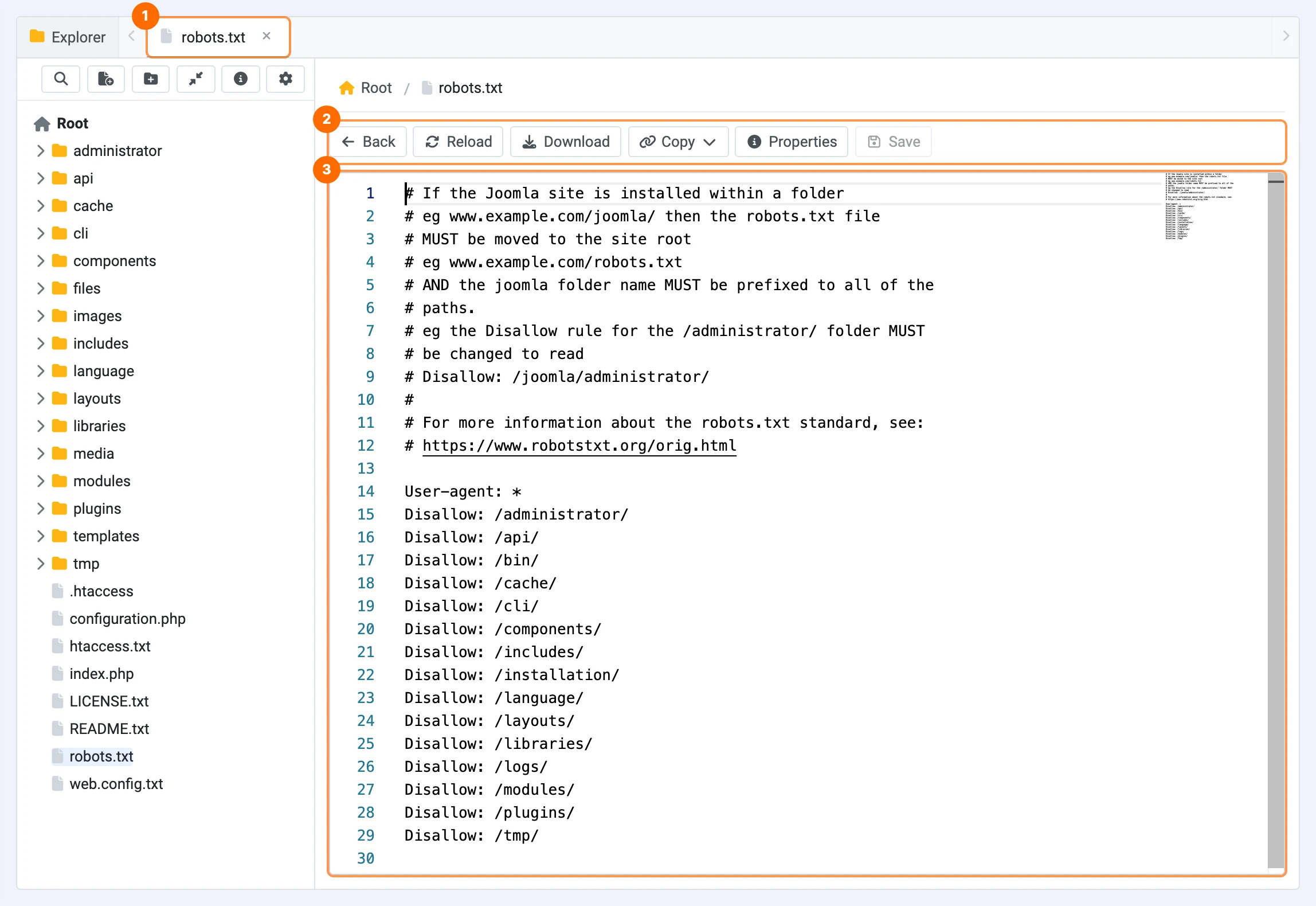 Editing robots.txt in the PX File Manager code editor