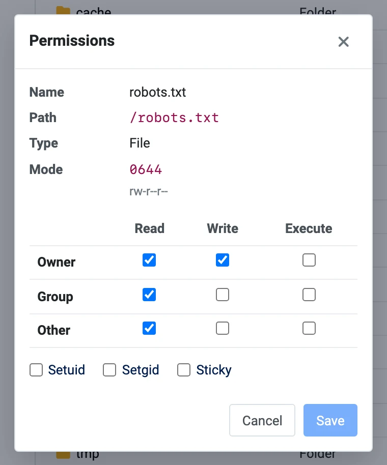 Change file permissions dialog