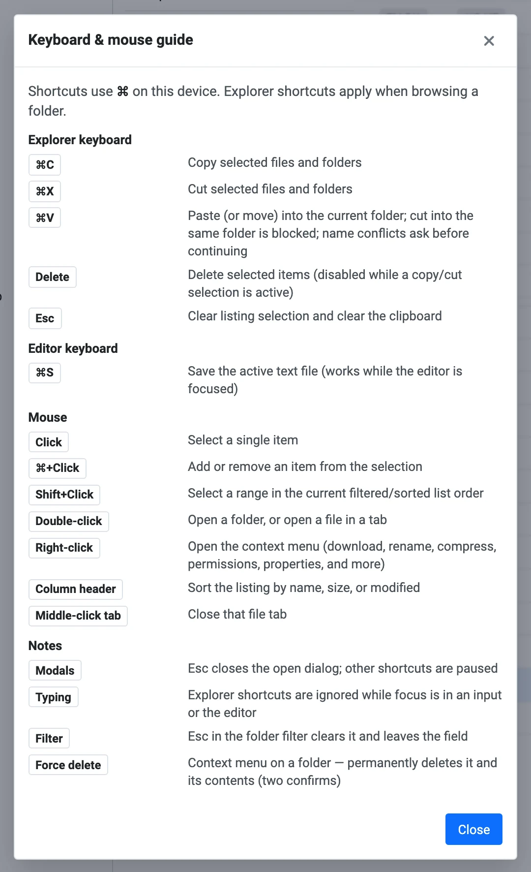 Keyboard and mouse guide dialog