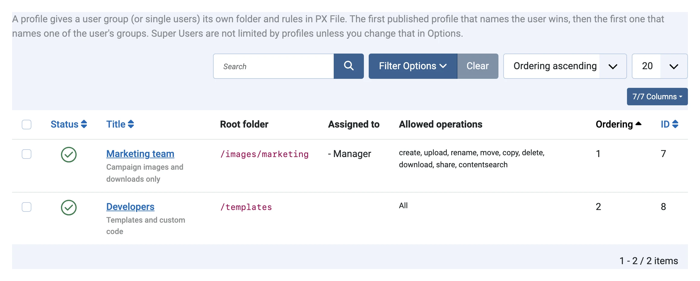 Folder profiles list