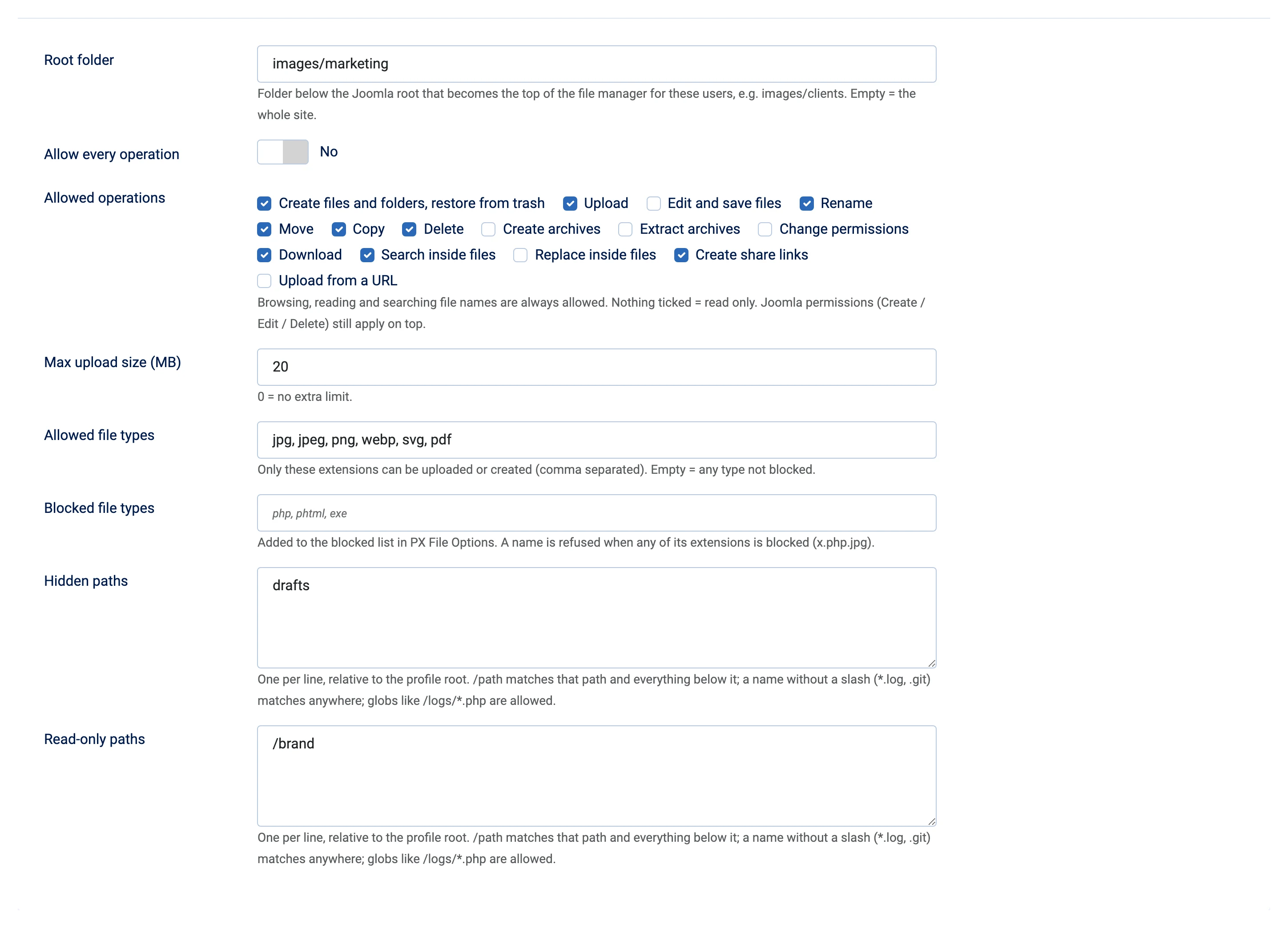 Folder and rules tab of a folder profile