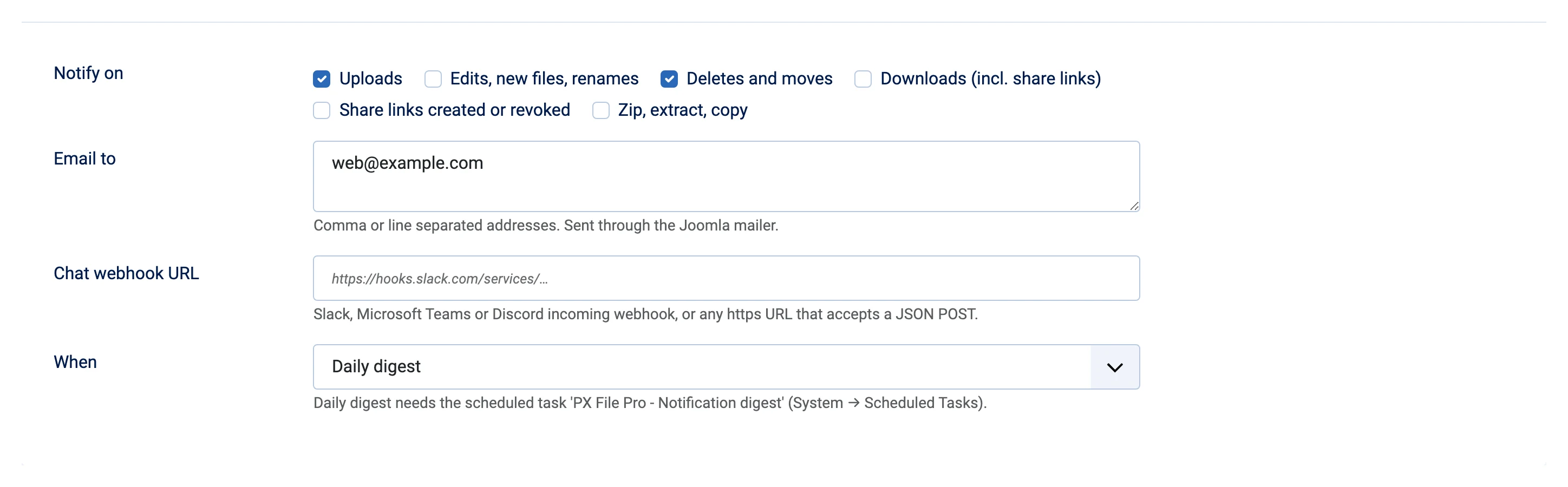 Notifications tab of a folder profile