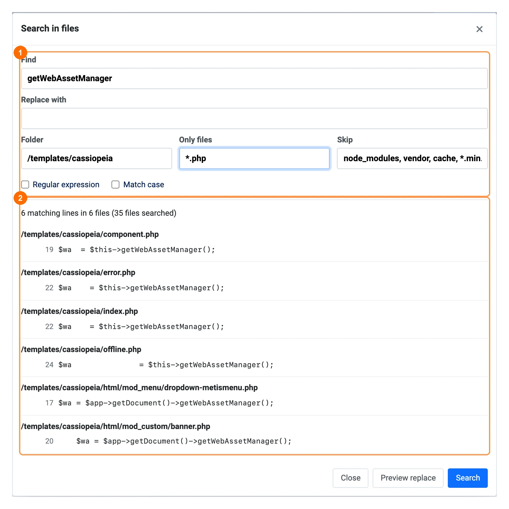 Search in files dialog with results