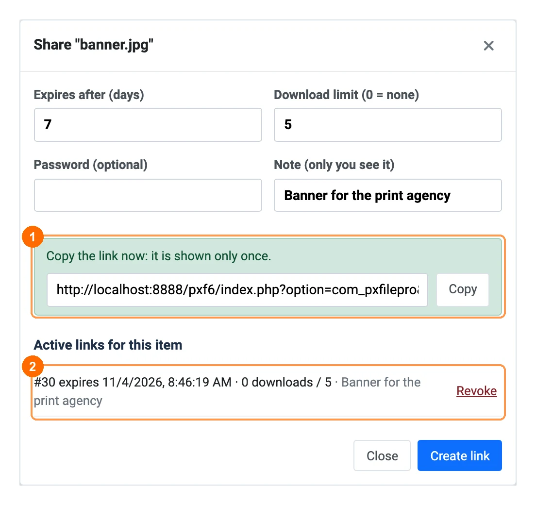 Share link dialog with a new link
