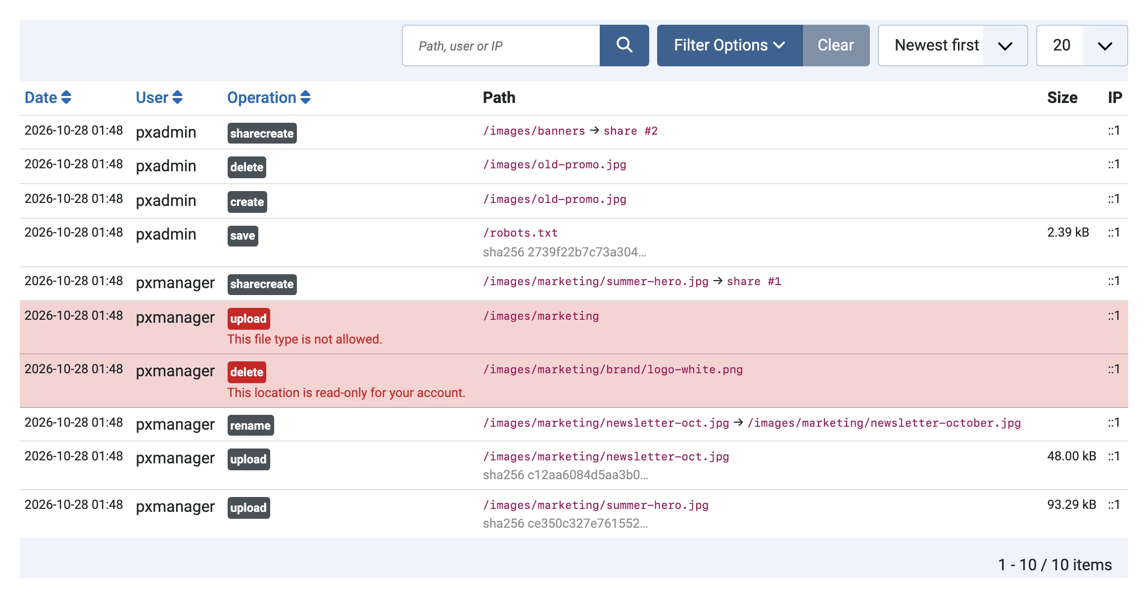 PX File Pro activity log