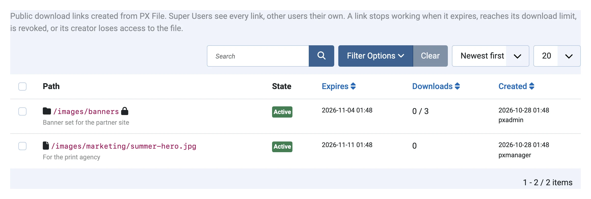 Share links list in the administrator