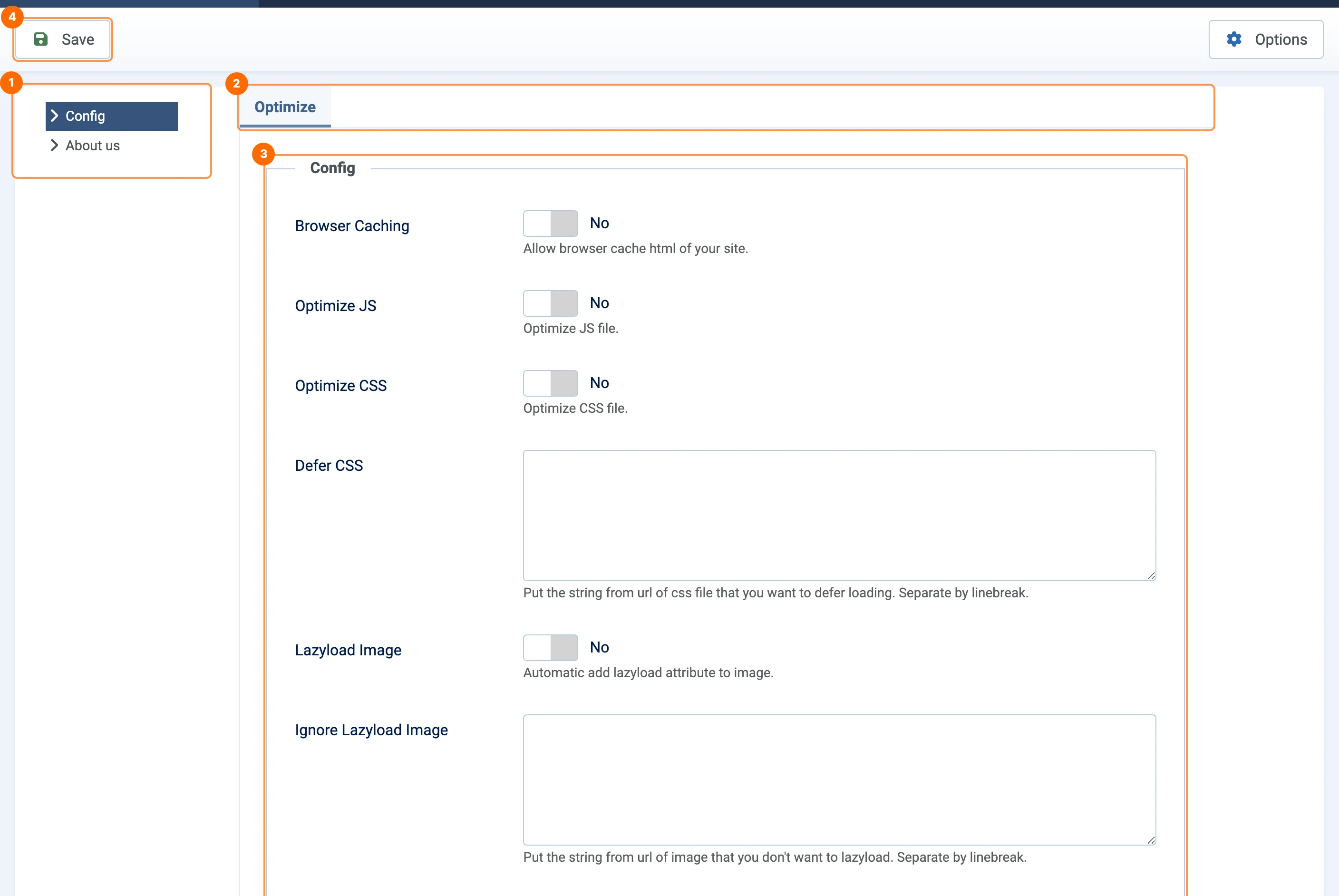 PX Seo settings screen