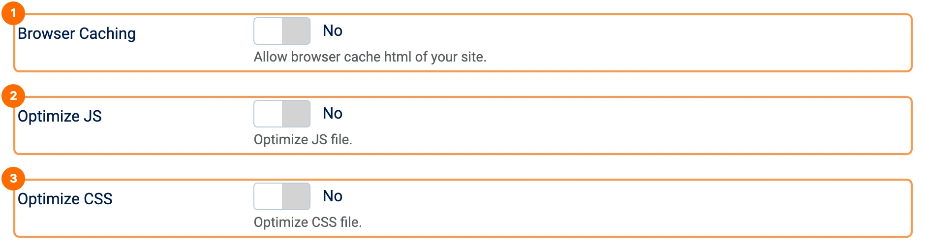 Browser Caching, Optimize JS and Optimize CSS switches