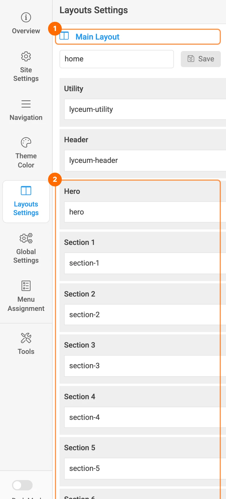 T4 Layouts Settings: home layout and its sections