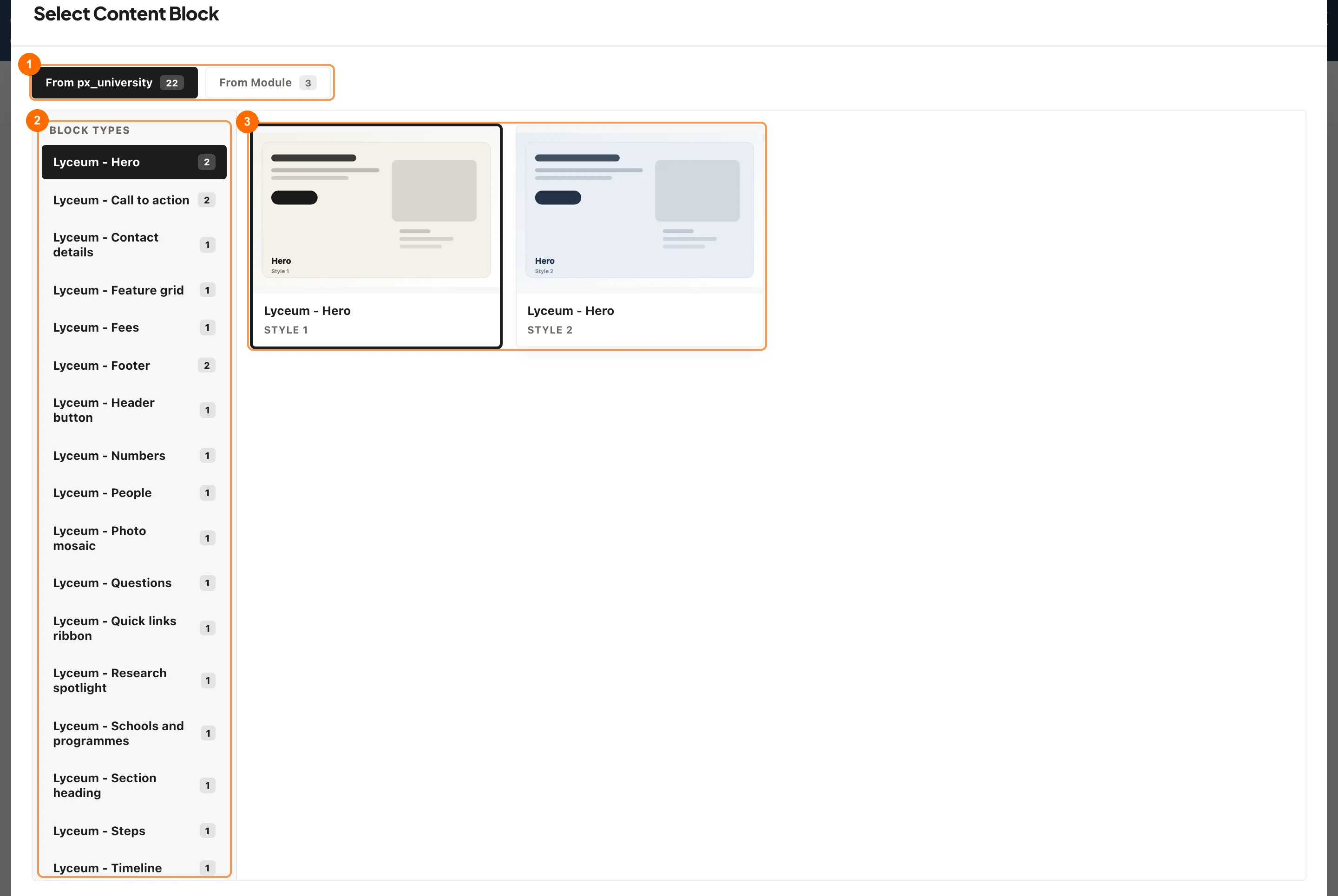 Select Content Block dialog