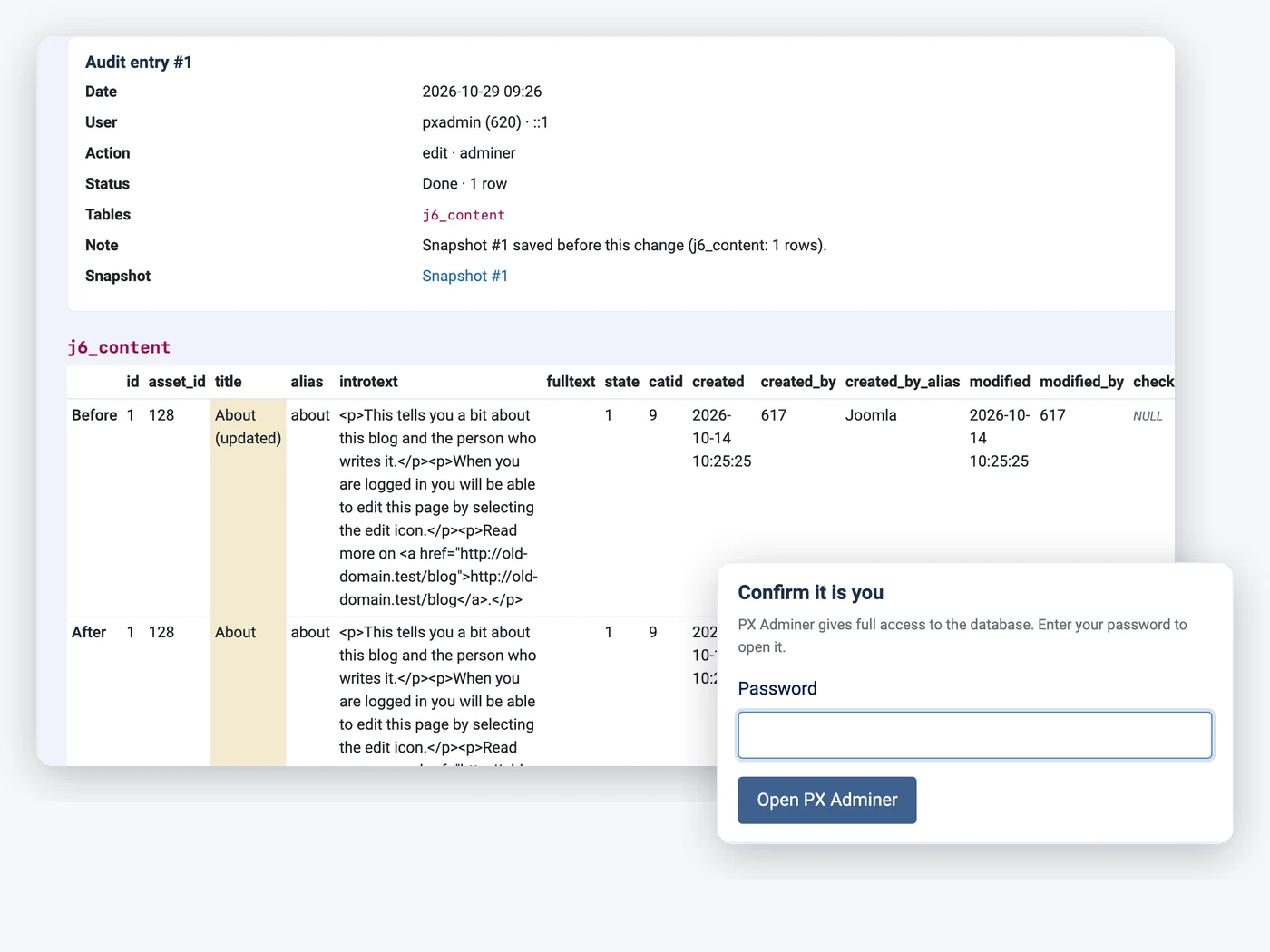 PX Adminer Pro: Know who changed what, and decide who may