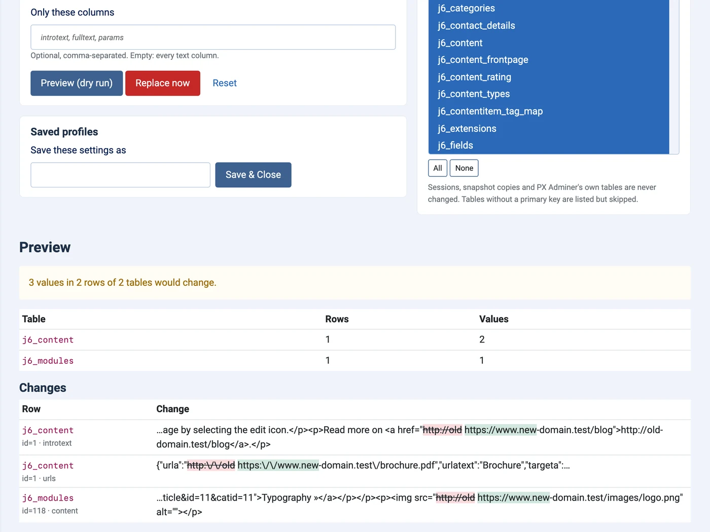 PX Adminer Pro: Move a Joomla site to a new domain safely