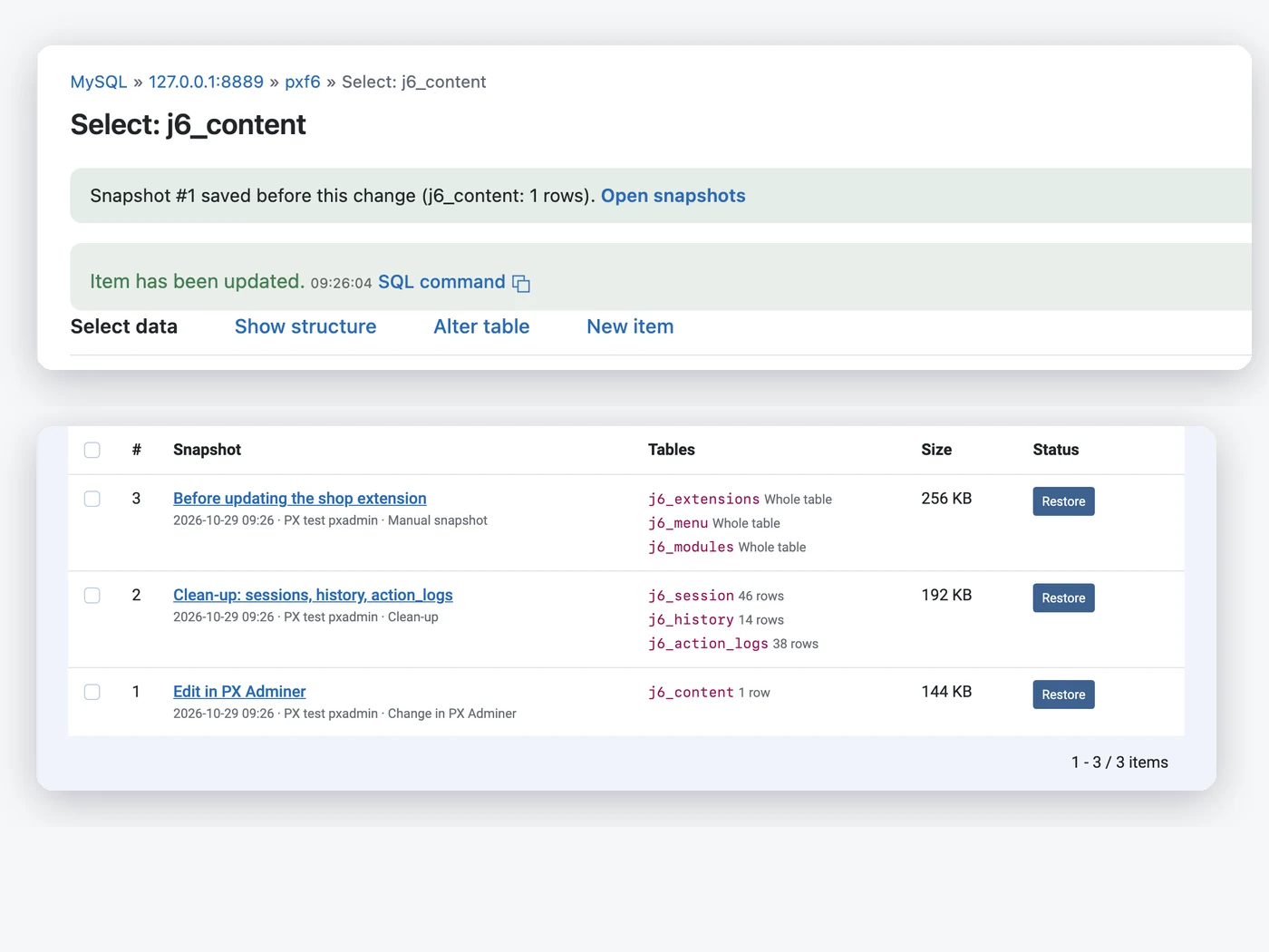 PX Adminer Pro: Undo any Joomla database change in one click