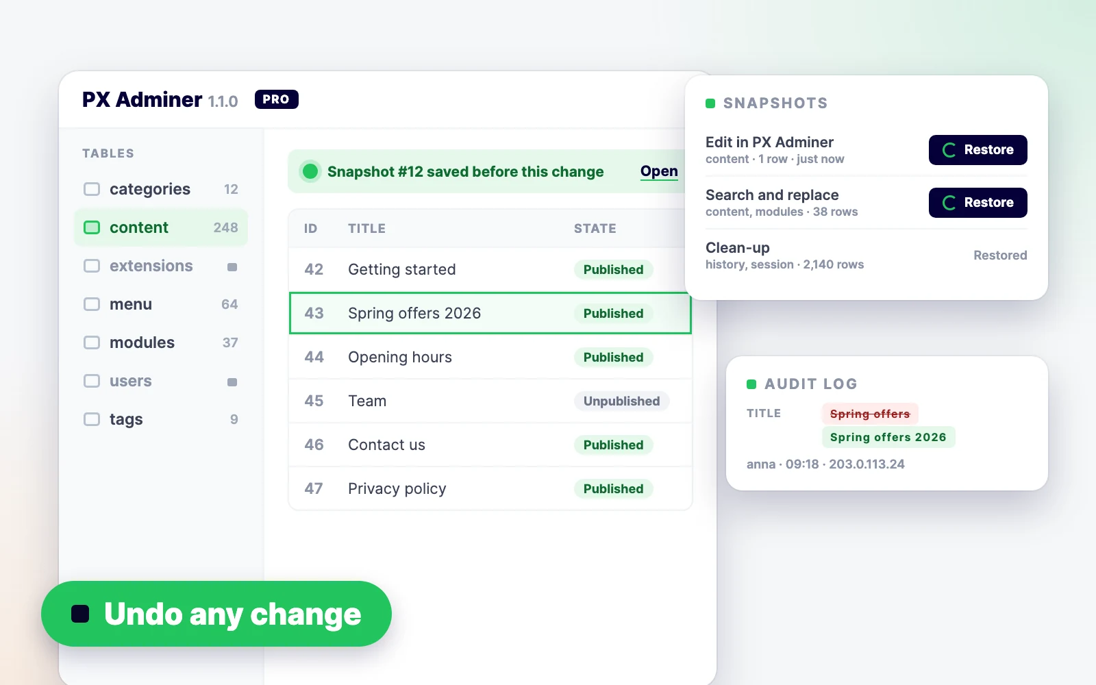 PX Adminer Pro – Joomla Database Manager with Undo and Audit Log