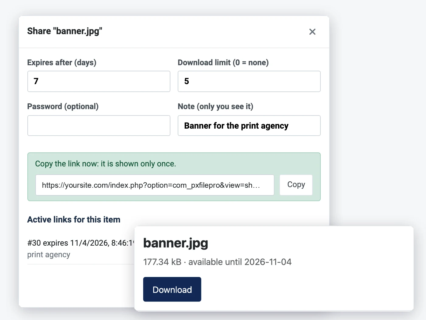 PX File Pro: Send a file or folder with a link that expires