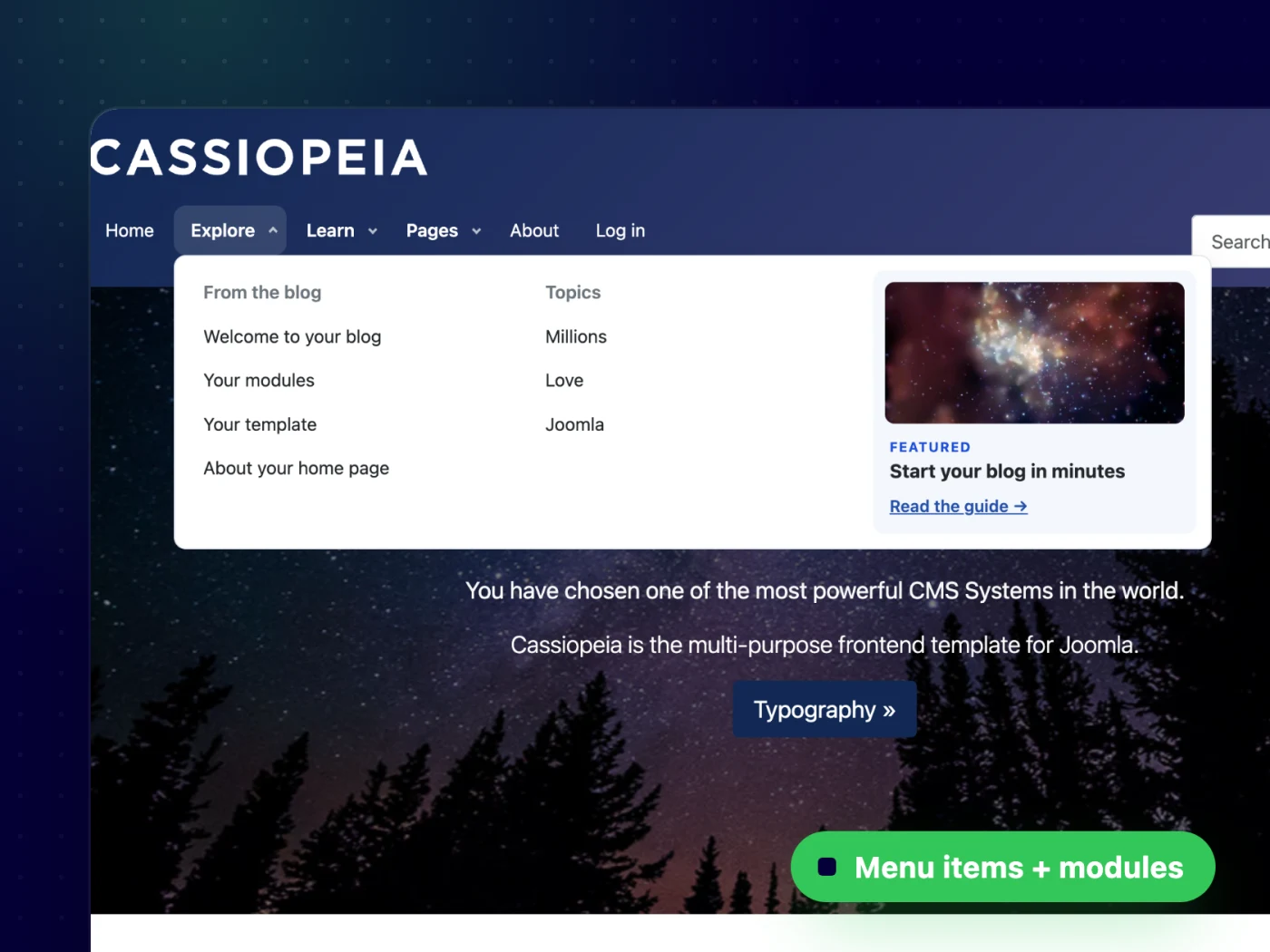 Menu items and modules, side by side