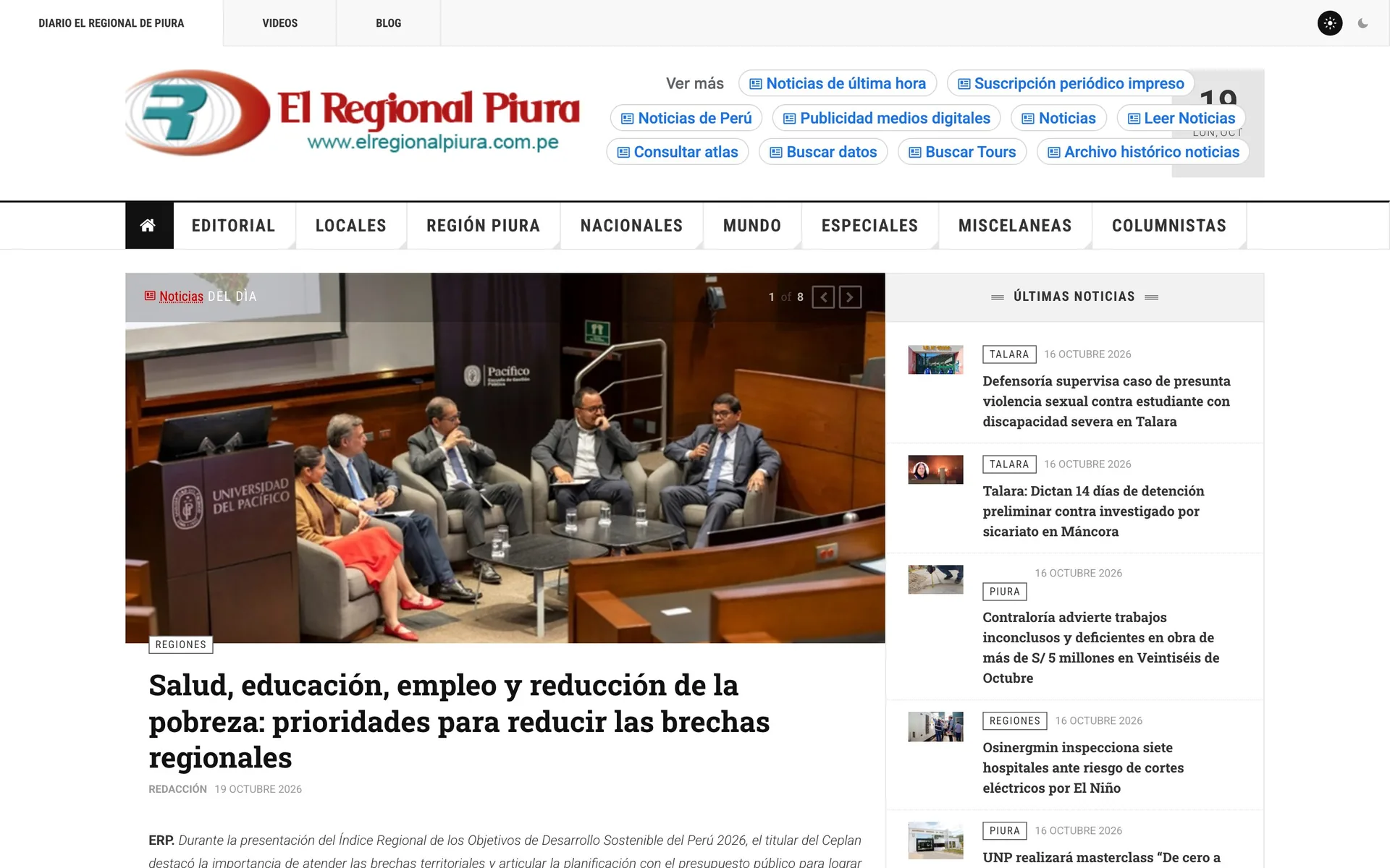 El Regional Piura front page with the news-of-the-day slider and latest news