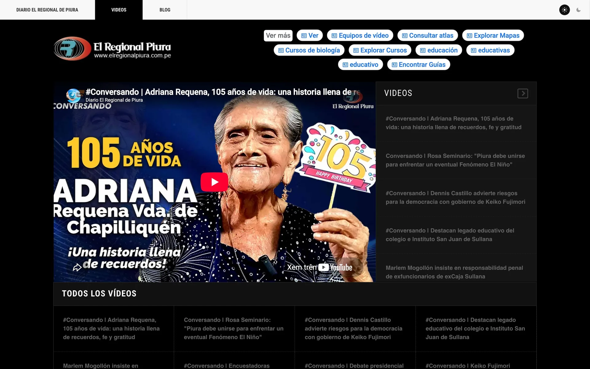 El Regional Piura videos page with YouTube interviews