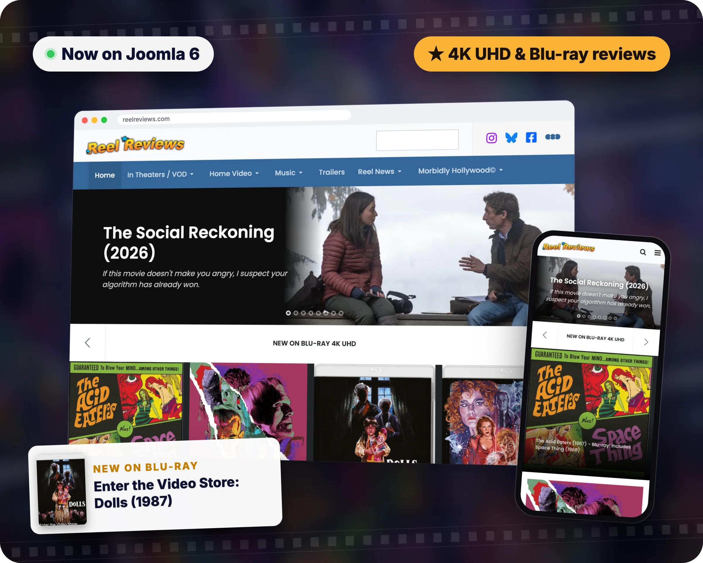 Reel Reviews website on Joomla 6, desktop and mobile